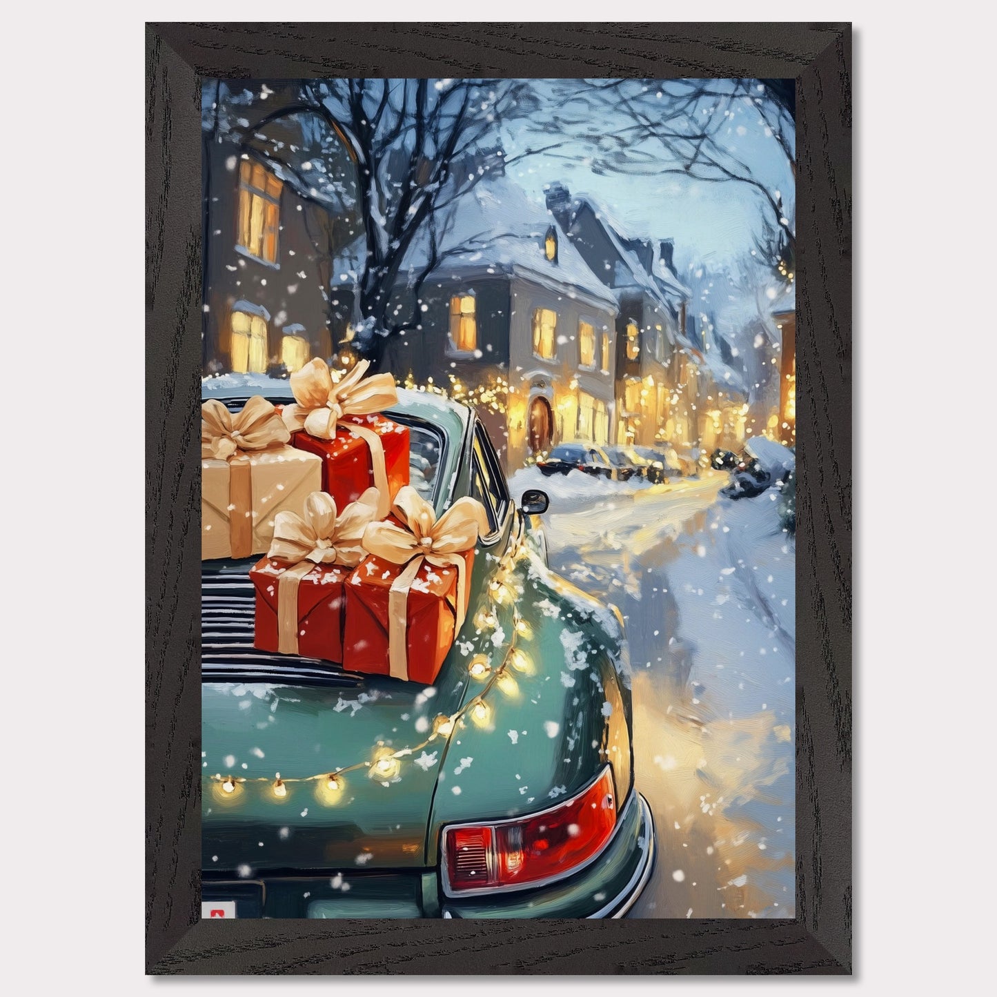 A cozy Christmas scene in Switzerland is captured in this enchanting poster. The focus is a beautiful Christmas tree adorned with lights, set in the heart of a charming town covered in snow. A Porsche, with festive gifts on the roof, adds a touch of luxury to this idyllic winter setting. The vintage typography "Christmas in Switzerland" evokes a sense of nostalgia and warmth, making it the perfect holiday decoration.