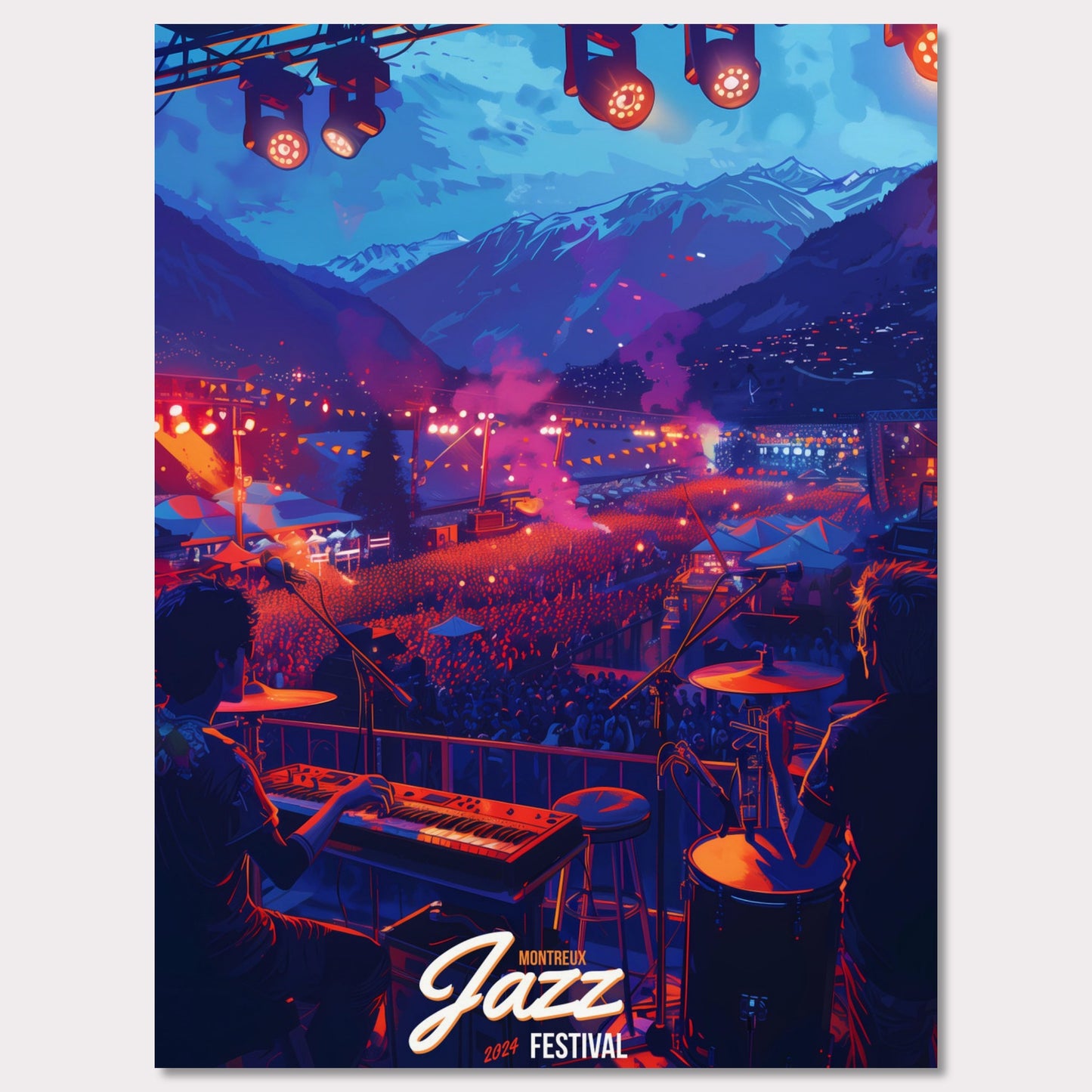 Experience the magic of the Montreux Jazz Festival 2024! This vibrant poster captures the essence of a live performance with a stunning mountain backdrop, colorful stage lights, and an enthusiastic crowd. Feel the rhythm, join the celebration, and be part of this unforgettable musical journey!