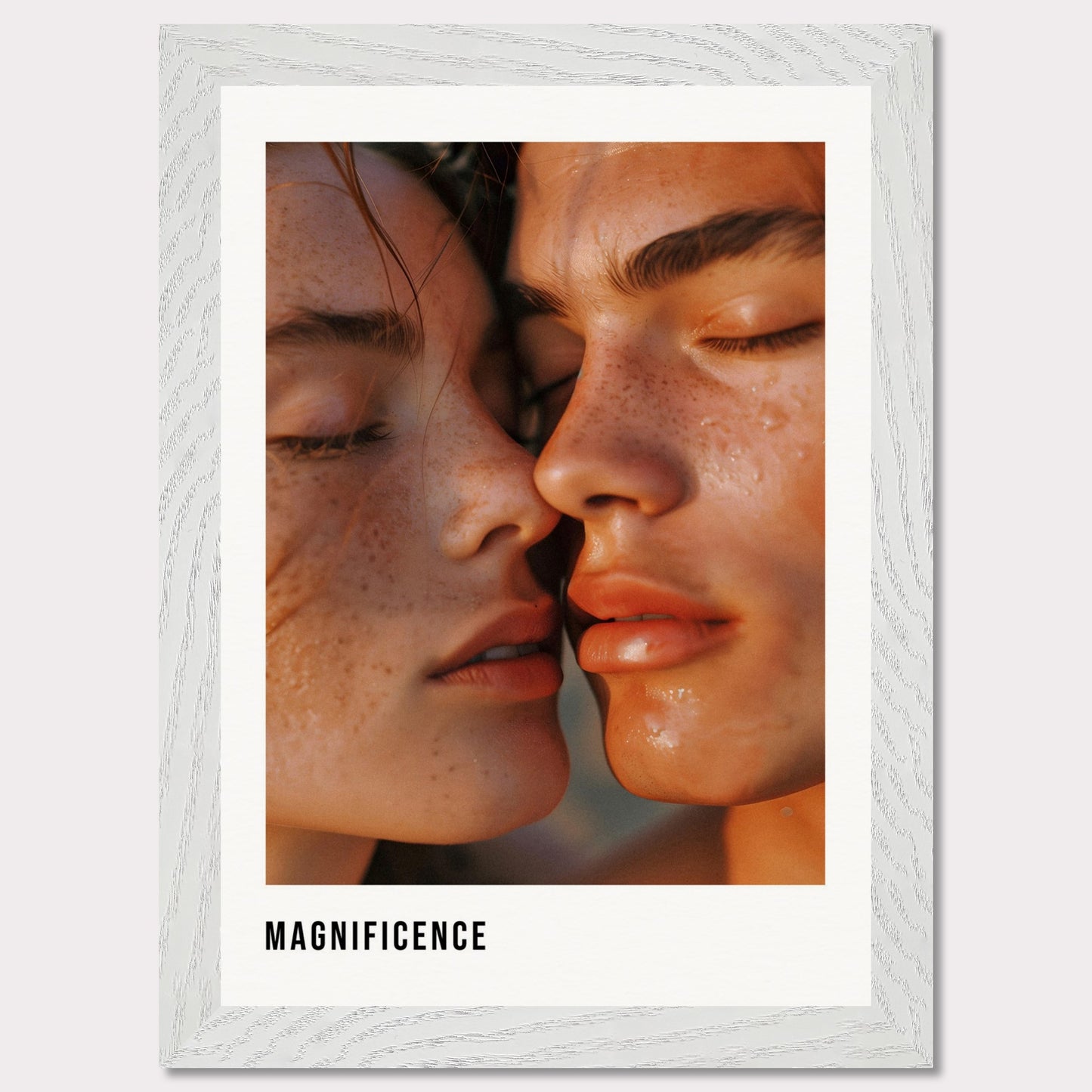 This illustration shows a close-up of two individuals with their faces intimately close, highlighting their freckles and closed eyes.

This poster will fit well in a modern living room, bedroom, or art studio, adding a touch of elegance and intimacy to the space.