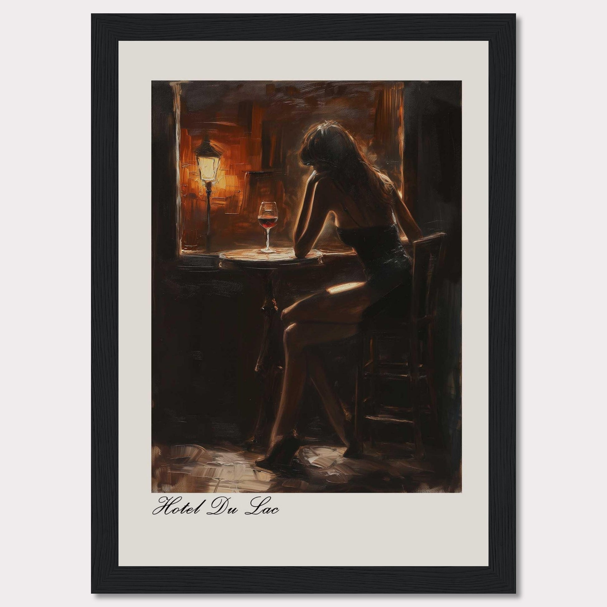 This evocative artwork captures a solitary moment in a dimly lit bar. A woman sits contemplatively at a small round table, illuminated by the warm glow of a nearby lamp. A glass of red wine rests on the table, adding to the intimate and reflective atmosphere. The painting is titled "Hotel Du Lac," suggesting a scene filled with stories and emotions.