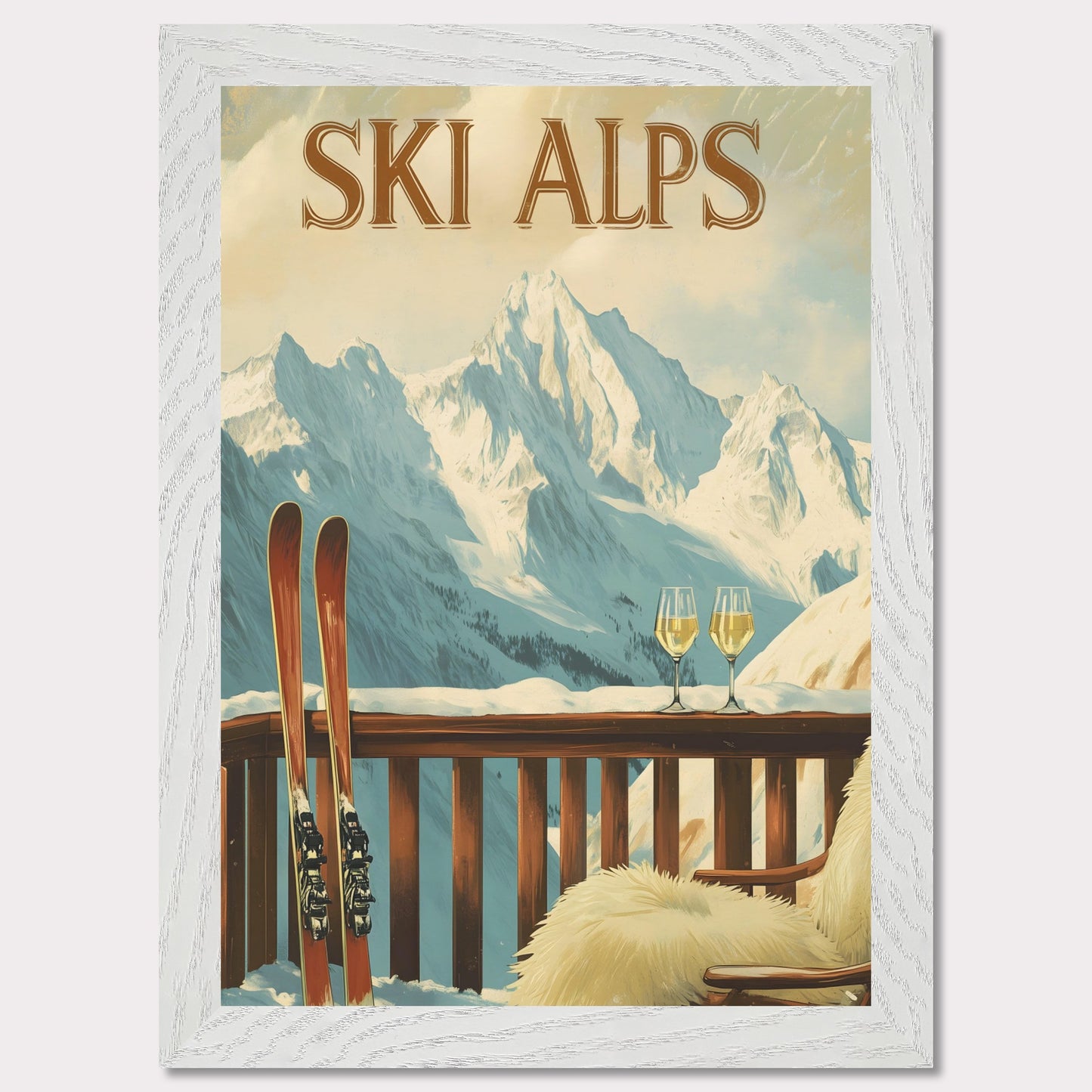 This soothing poster transports you to a tranquil alpine terrace with a breathtaking view of snow-covered peaks. A wooden chair draped in soft fur and paired with two glasses of sparkling wine sets the tone for a peaceful and intimate winter retreat.