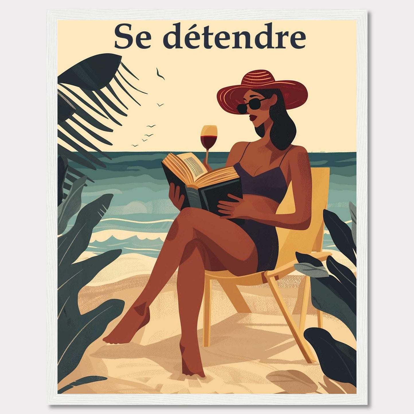 This illustration captures a serene beach scene with a woman relaxing on a chair, reading a book, and enjoying a glass of wine. The text "Se détendre" at the top translates to "Relax" in English.