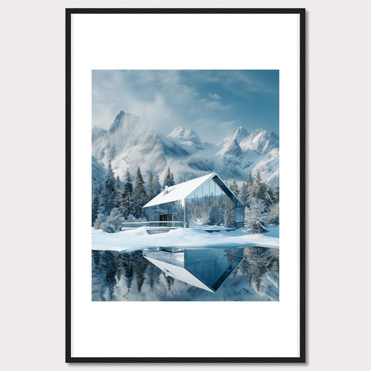 This stunning image showcases a modern glass house nestled in a serene snowy landscape, with majestic mountains in the background. The reflection of the house and trees on the calm water adds to the tranquil ambiance.