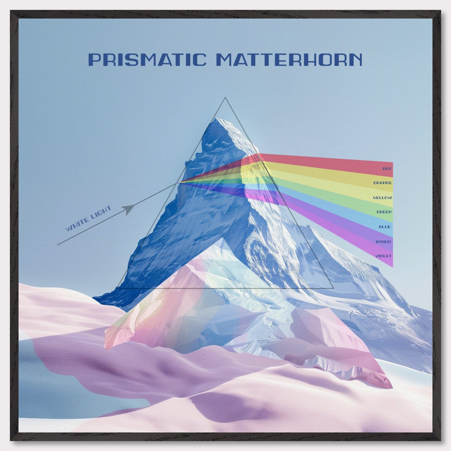 This image features a stunning illustration of the Matterhorn mountain with a prismatic effect. The mountain is depicted as a prism, dispersing white light into a spectrum of colors.