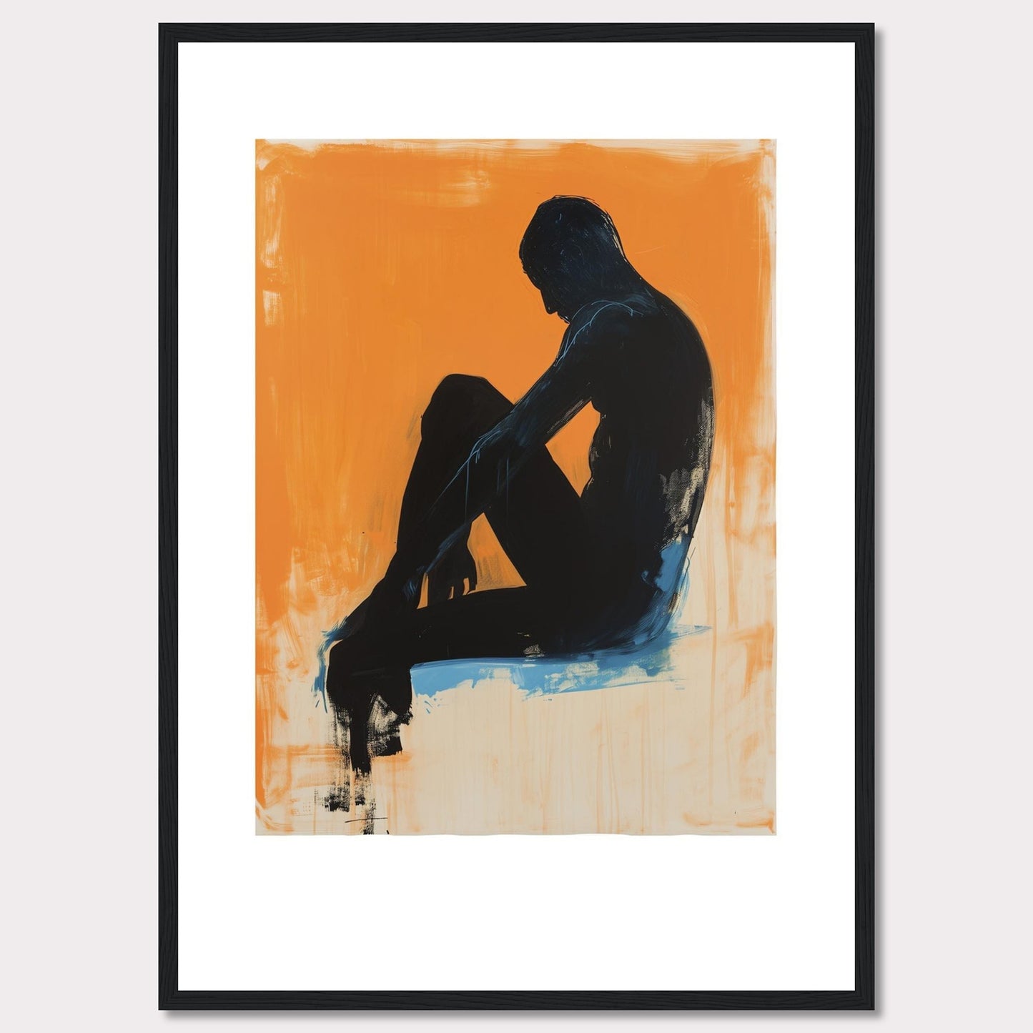 This striking artwork features a silhouette of a seated figure against a vibrant orange background, creating a powerful contrast. The figure is painted in dark tones with hints of blue, adding depth and emotion to the piece.