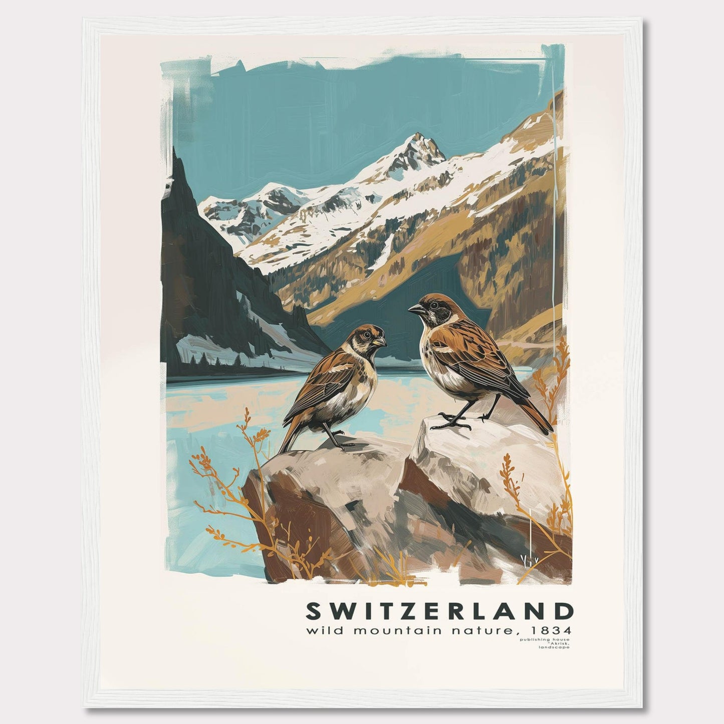 This beautiful illustration captures the serene and majestic nature of Switzerland. Two birds are perched on rocks in the foreground, with a breathtaking backdrop of snow-capped mountains and a tranquil lake.