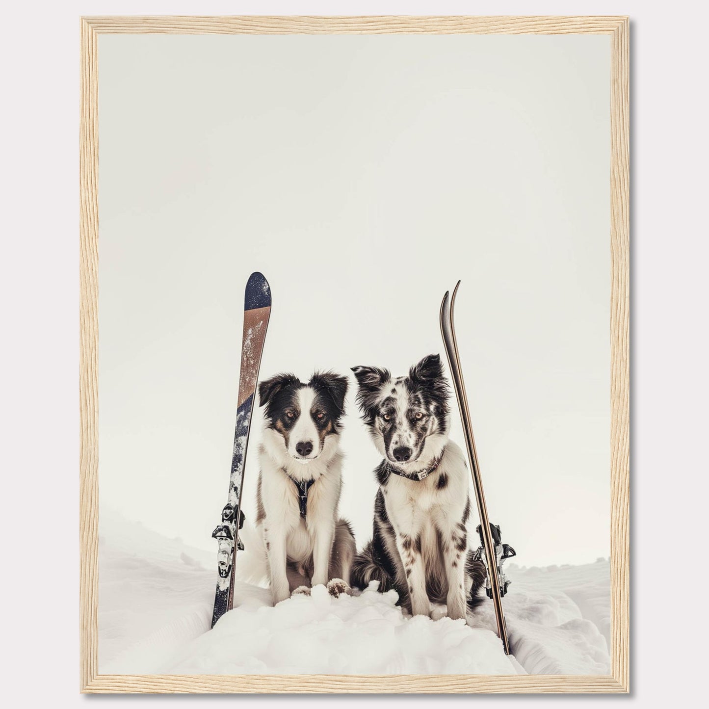 This charming photo captures two adorable dogs sitting in the snow with skis beside them, evoking a sense of adventure and playfulness. The scene is set against a serene snowy backdrop, highlighting the dogs and their playful expressions.