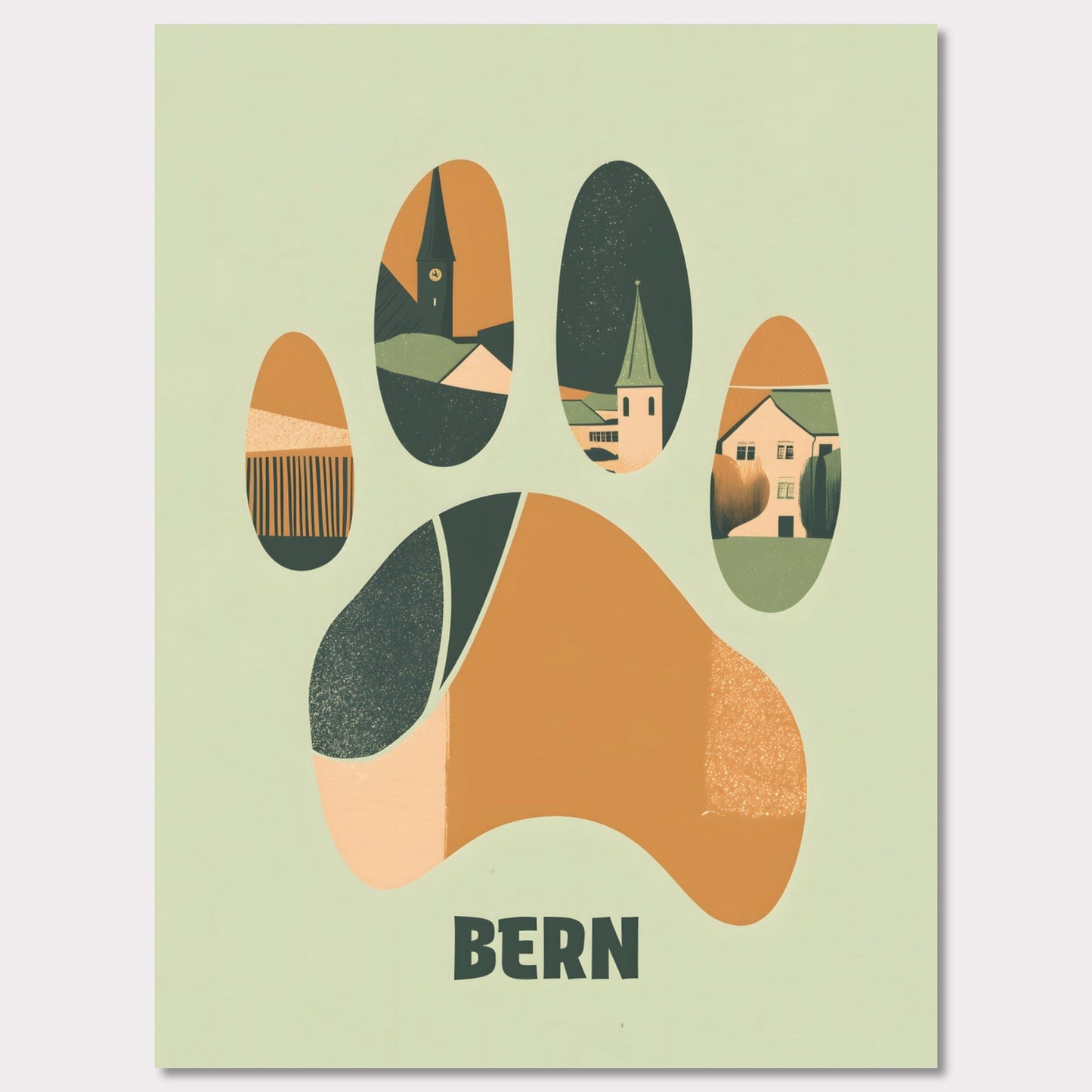 This unique poster blends the charm of Bern’s architecture with the city’s symbolic bear in an abstract, paw-print design. The warm earth tones and clean lines create a harmonious balance between modern minimalism and historical elements.