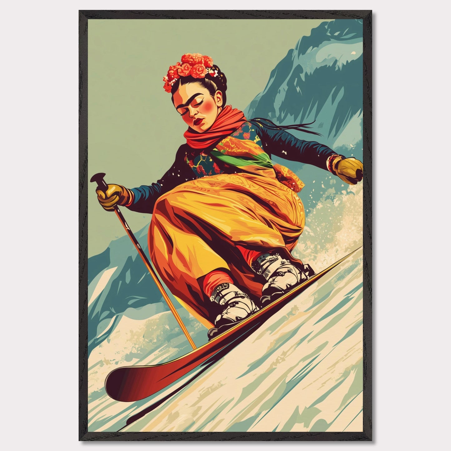 This captivating and artistic poster features Frida Kahlo skiing down a snow-covered slope, embracing both the thrill of winter sports and the vibrancy of her unique style. With a floral crown and colorful attire, Frida brings her creativity and strength to the slopes of the mountains, capturing the harmony between winter adventure and artistic expression. The retro color scheme adds to the vintage charm of the poster, making it a lively and powerful statement piece.