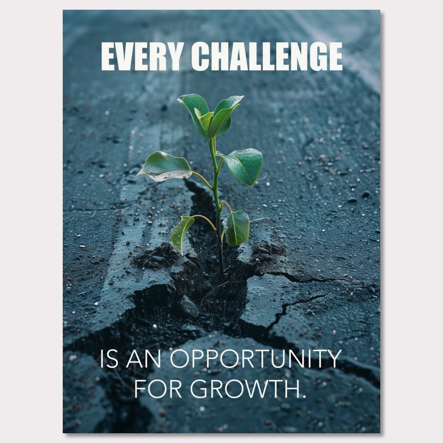 A motivational poster featuring a small green plant sprouting through a crack in the asphalt. The text on the poster reads "EVERY CHALLENGE IS AN OPPORTUNITY FOR GROWTH." The image symbolizes resilience and perseverance.