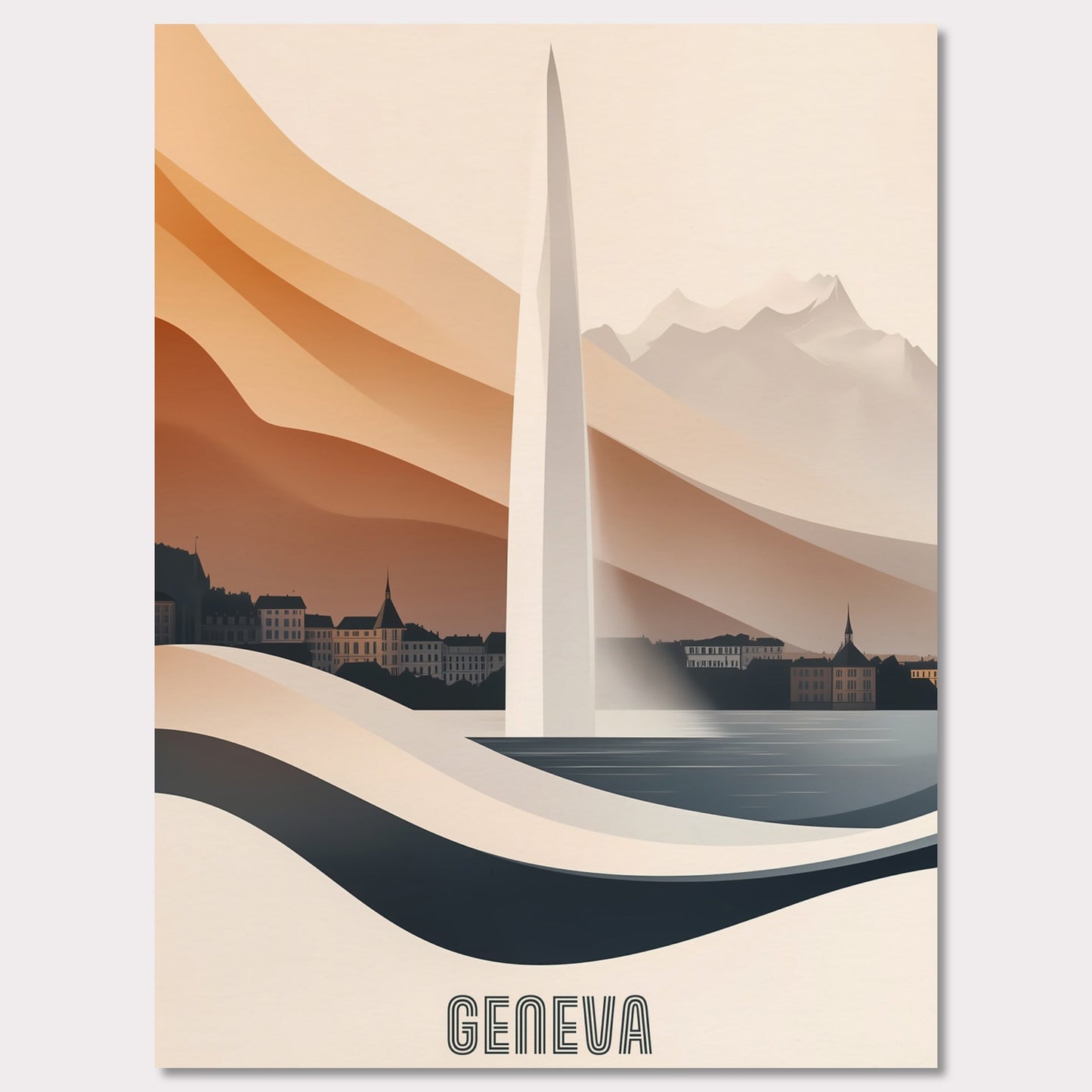 A modern and elegant poster of Geneva’s famous Jet d’Eau fountain, seamlessly blending into the landscape. Smooth curves and warm hues create a sense of fluidity and movement.