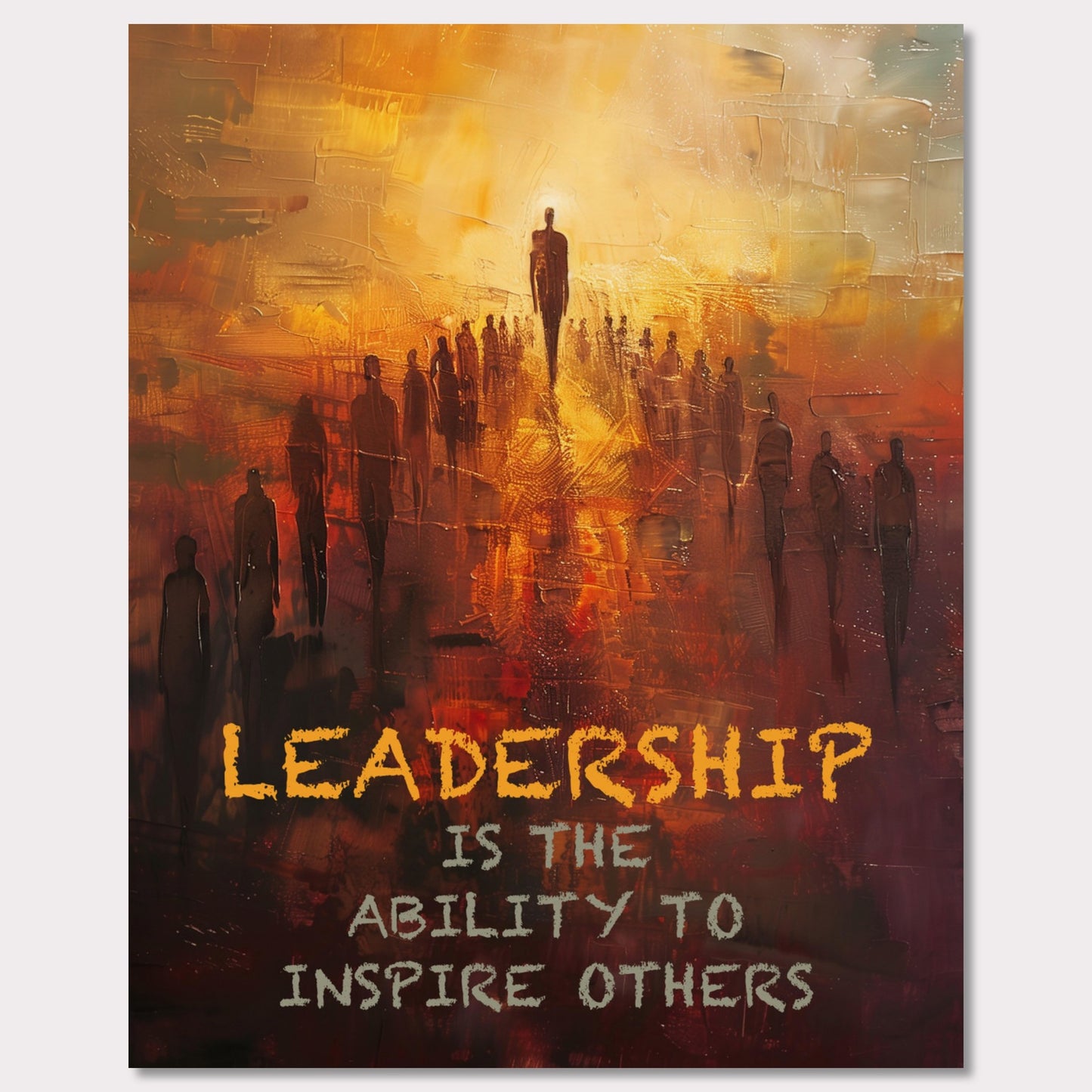 This image depicts a motivational poster with an abstract painting of a group of people following a prominent figure, symbolizing leadership. The background is a blend of warm colors like orange and yellow, creating a sense of inspiration and energy.