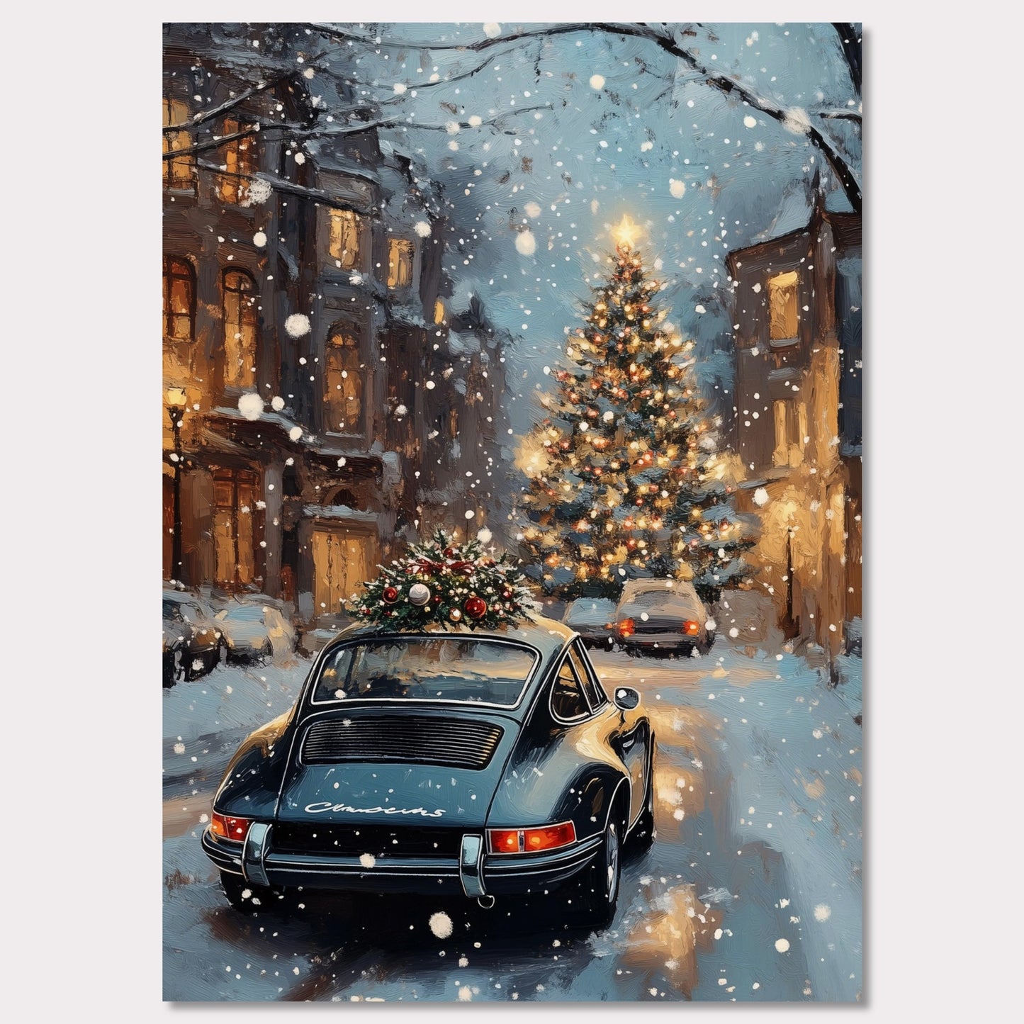 This enchanting poster portrays a snowy Swiss street with a beautifully adorned vintage car carrying a Christmas tree. The softly glowing lights and festive decorations create an atmosphere of joyous holiday anticipation. The combination of timeless cars and seasonal spirit brings a unique charm to this holiday scene.