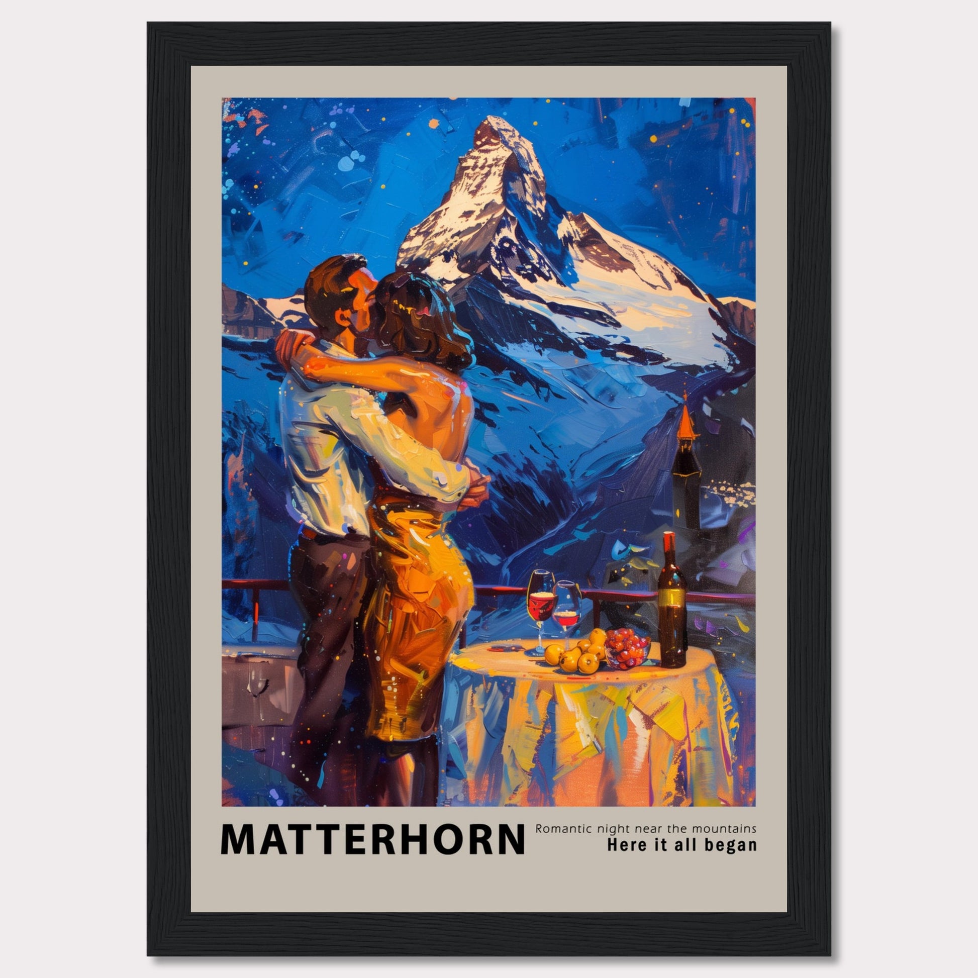 A romantic painting depicting a couple embracing near the Matterhorn mountain.