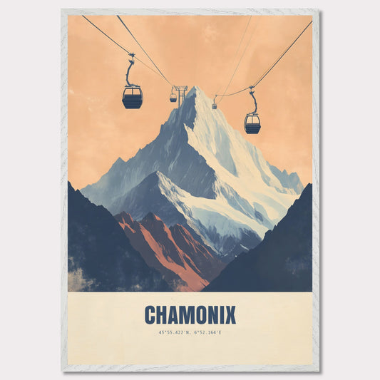 This striking poster showcases the dramatic ascent to Chamonix’s peaks, with cable cars stretching across the sky towards the snow-covered mountains. The bold contrasts between deep shadows and glowing light create an atmosphere of adventure and grandeur.