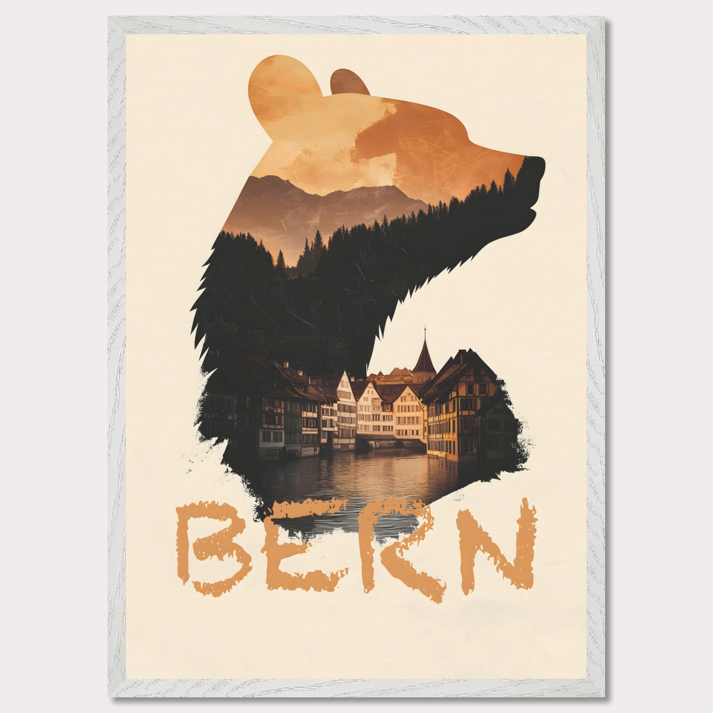 A captivating travel poster that merges Bern’s iconic bear symbol with the city’s historic charm. The silhouette of the bear contains a stunning landscape of alpine forests and traditional Swiss architecture, reflecting the city's rich heritage.