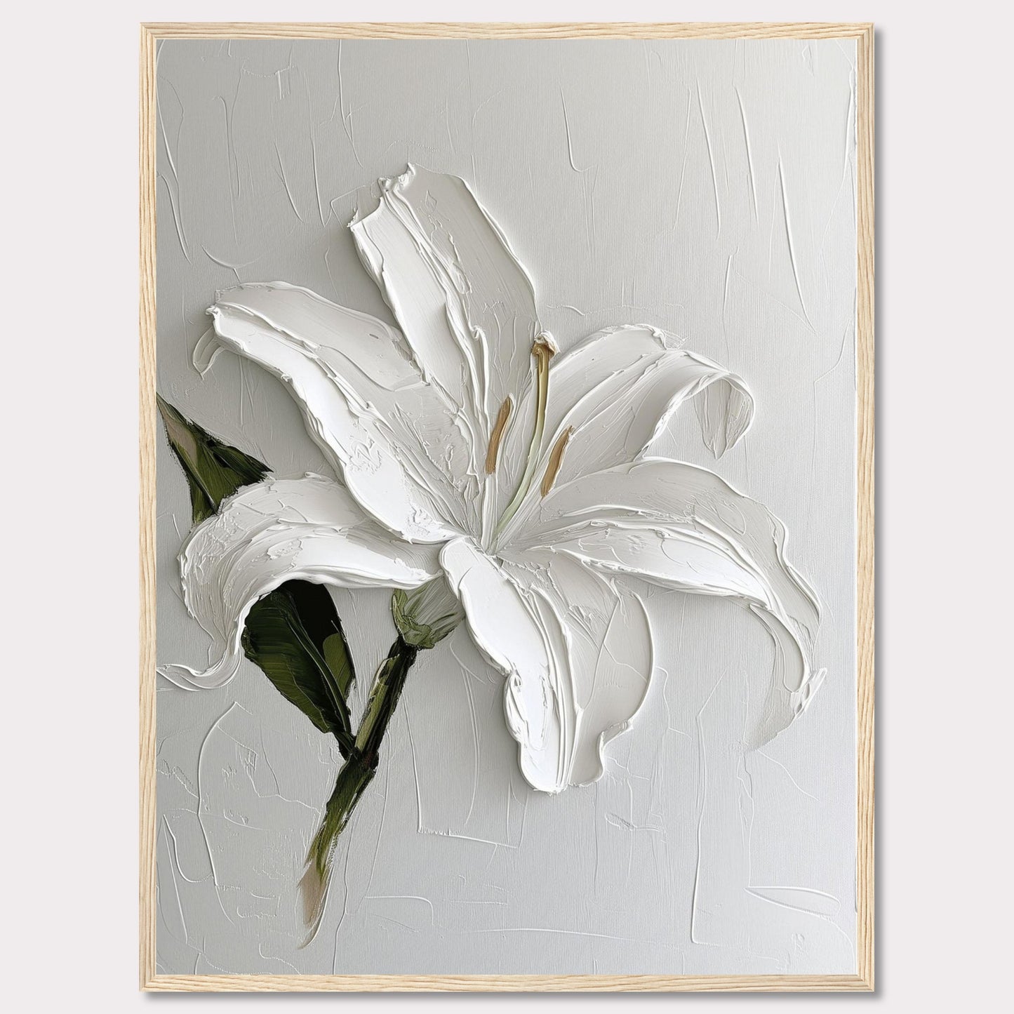 This image showcases a stunning textured painting of a white lily, elegantly framed in black. The thick brushstrokes add depth and dimension to the petals, creating a lifelike appearance. The background is kept minimal, allowing the flower to be the focal point.