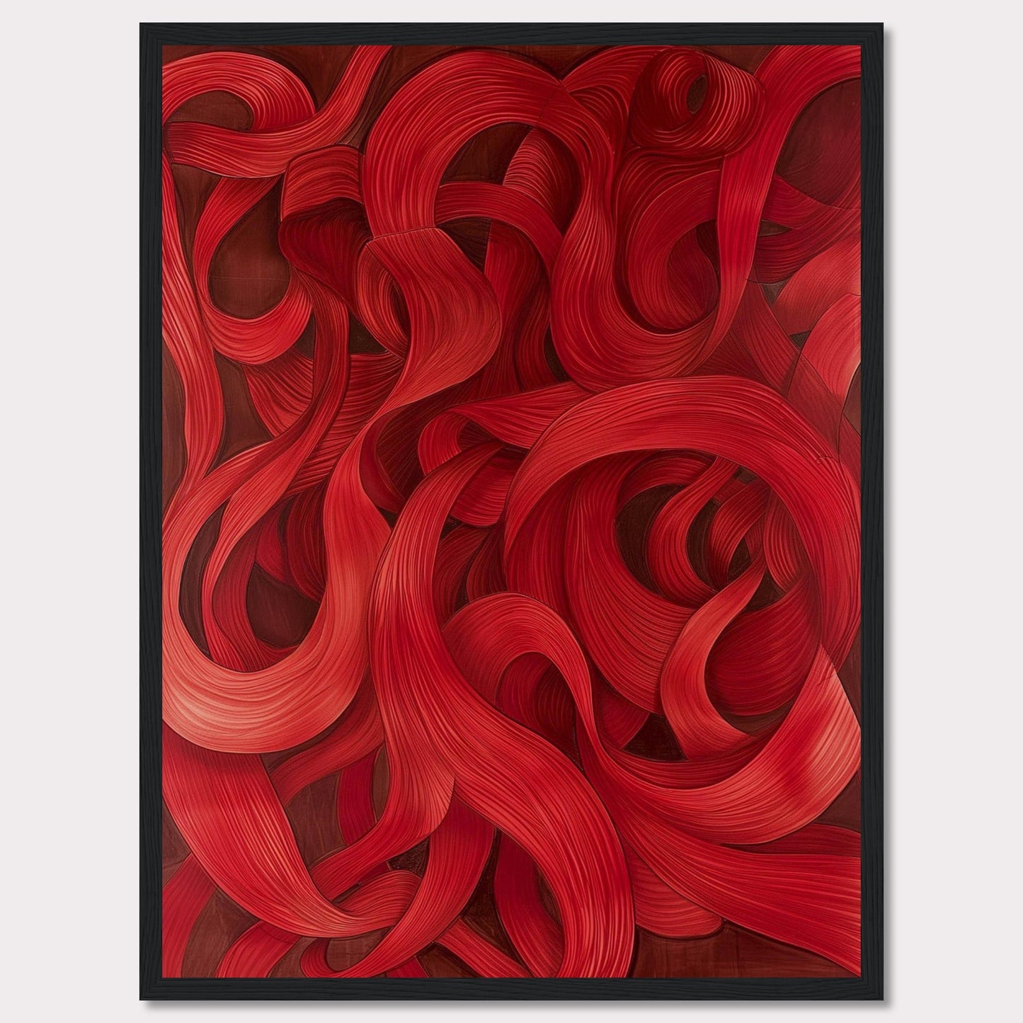 This captivating artwork features a mesmerizing array of red swirls and curves, creating a dynamic and flowing visual experience. The intricate details and rich hues draw the viewer in, evoking a sense of movement and passion.