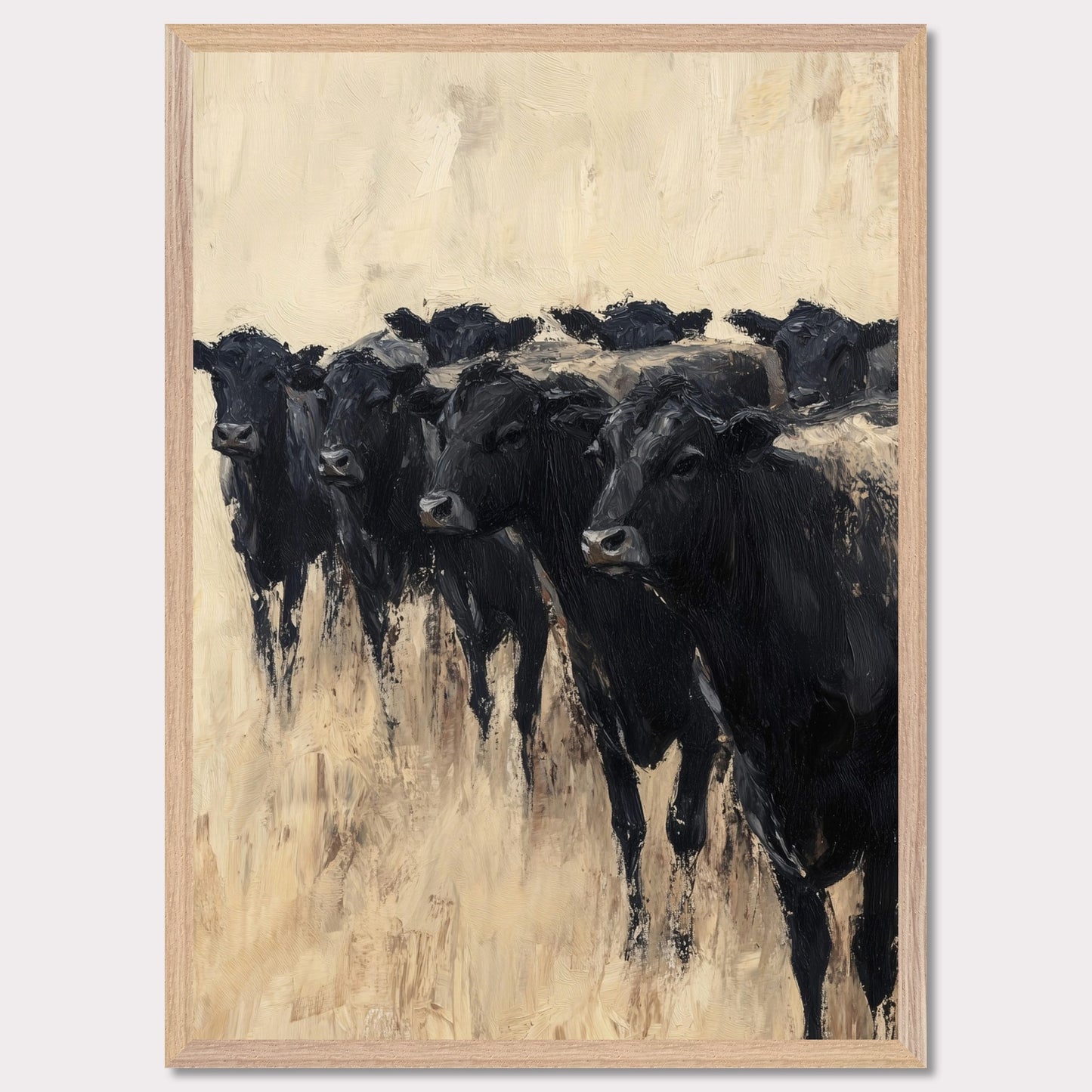 This captivating painting depicts a group of black cows standing together, evoking a sense of unity and strength. The textured brushstrokes and neutral background create a striking contrast, highlighting the animals' dark forms.