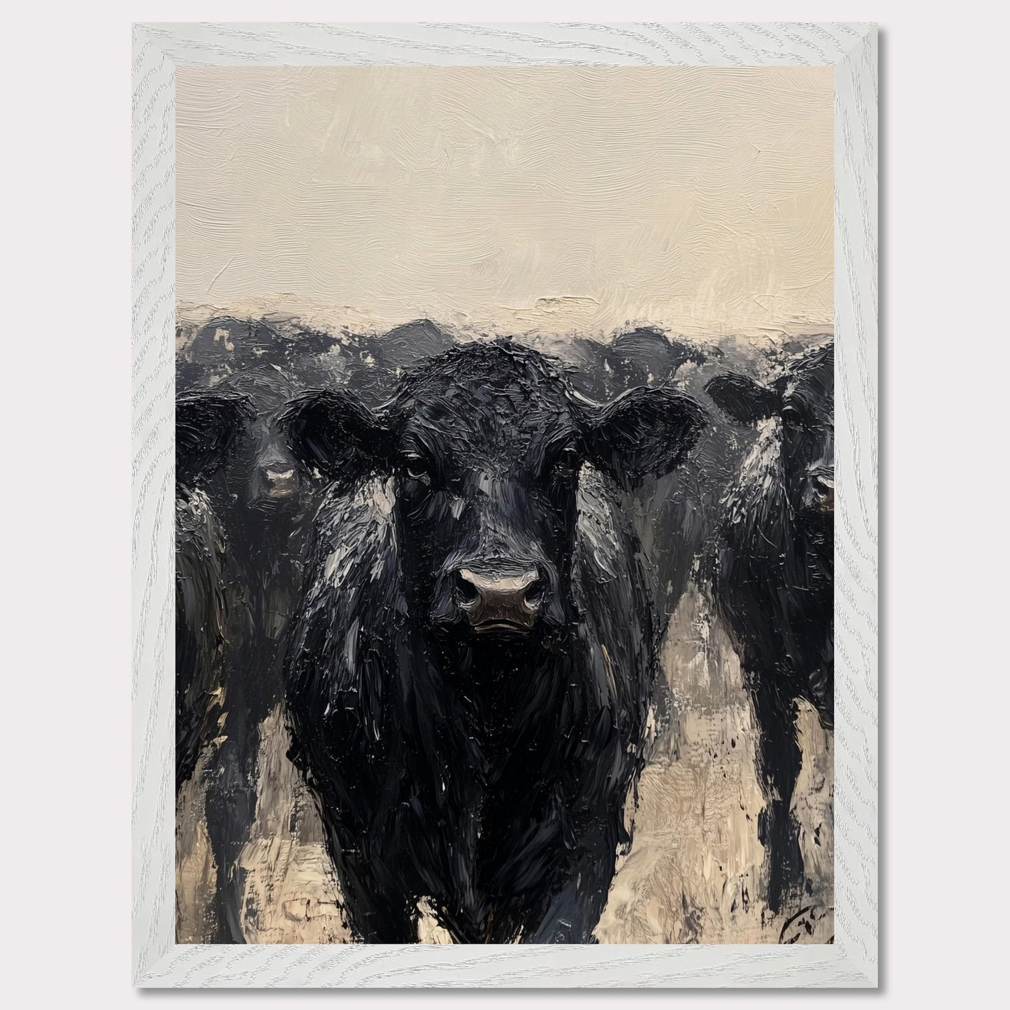 This striking painting captures the intense gaze of a black cow, surrounded by its herd. The textured brushstrokes and muted color palette create a powerful and captivating image.