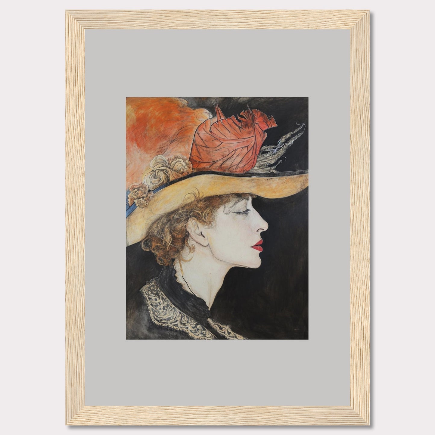 This captivating artwork features a side profile of a woman wearing an elegant hat adorned with feathers and flowers. The detailed illustration showcases her serene expression, accentuated by bold red lips and delicate curls framing her face. The background contrasts beautifully with the vibrant colors of the hat, adding depth to the portrait.