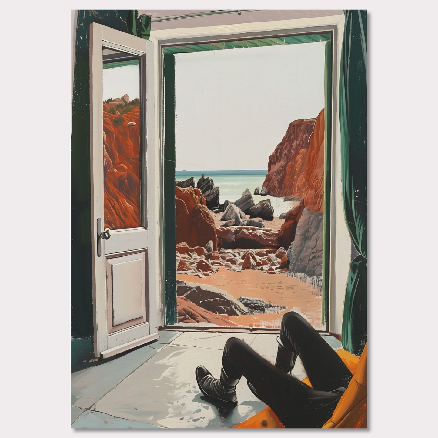 This image captures a serene view of a rocky beach through an open door. The scene is framed by the interior of a room where a person is seated, legs stretched out, possibly relaxing and enjoying the view.