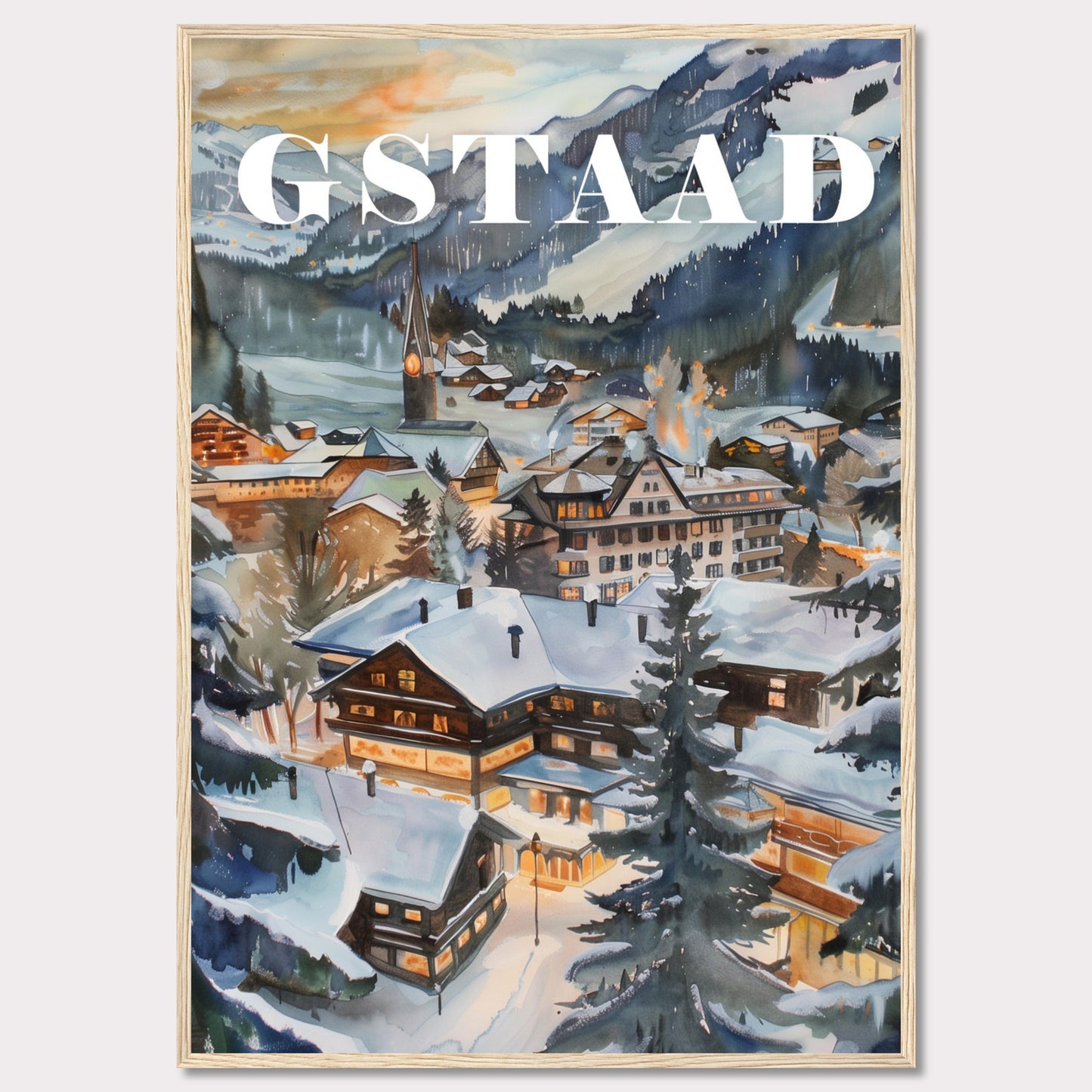 This image showcases a beautiful winter scene of Gstaad, a picturesque village nestled in the Swiss Alps. The painting captures the charm of snow-covered chalets, pine trees, and a serene mountainous backdrop under a soft evening sky.