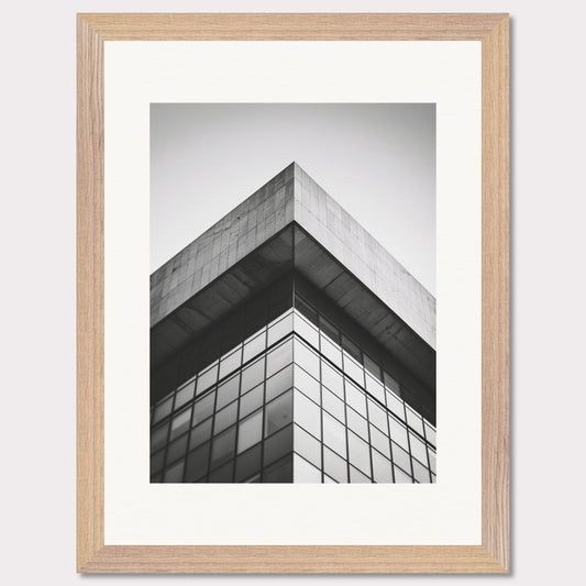 This striking black and white photograph captures the sharp, geometric lines of a modern architectural structure. The image focuses on the corner of a building, emphasizing its sleek glass windows and concrete elements.