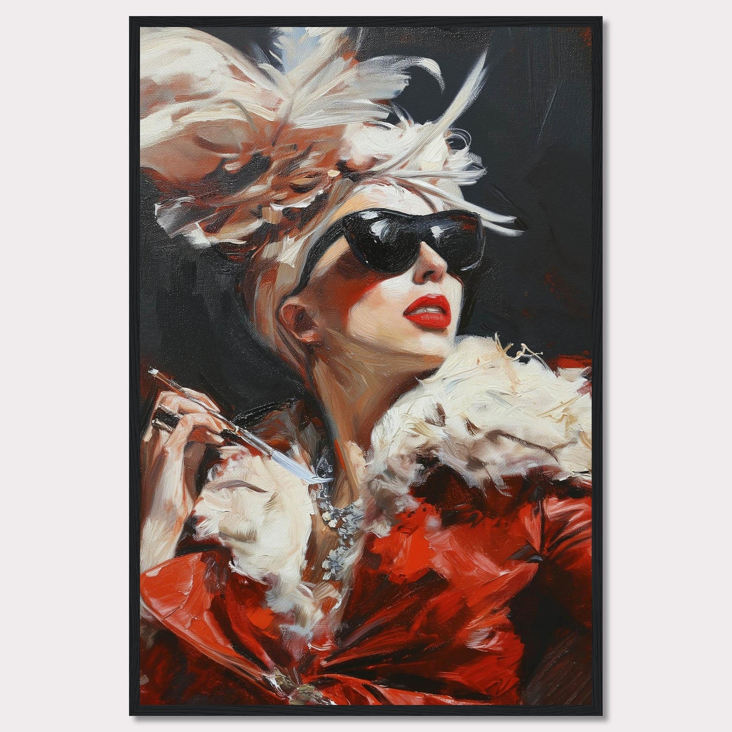 This striking painting captures a glamorous woman exuding confidence and elegance. Adorned in a luxurious red fur coat, she wears dark sunglasses and a dramatic feathered hat, holding a cigarette holder with poise. The bold brushstrokes and vibrant colors add to the dynamic and sophisticated feel of the artwork.